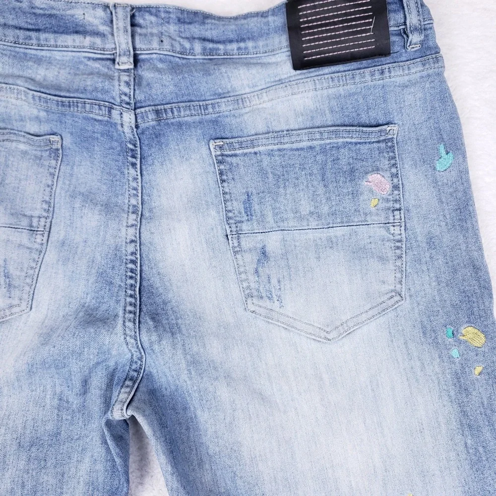Serenade Mens Light Wash Paint Splatter Embroidered Slim Fit Jeans Blue 42
